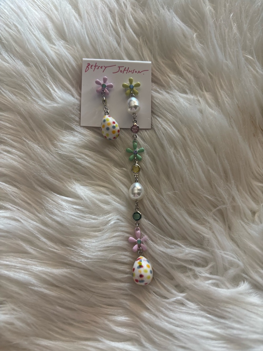 Betsey Johnson Pastel Floral Drop Earrings with Polka Dot Egg Charms